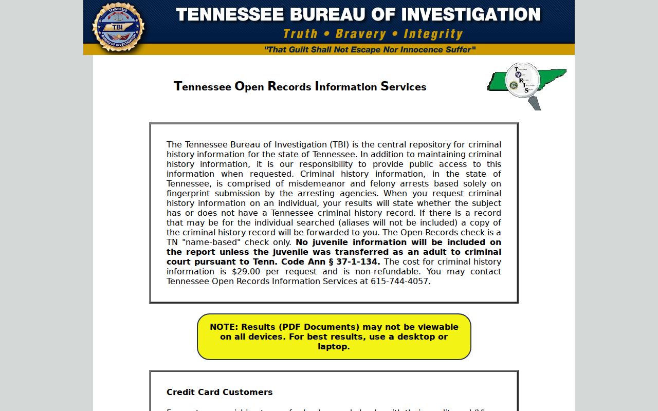 Gibson County criminal history search on the Tennessee TORIS landing page