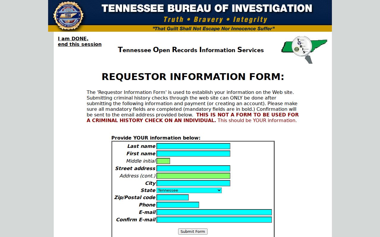 Gibson County criminal record requestor registration fields in TORIS