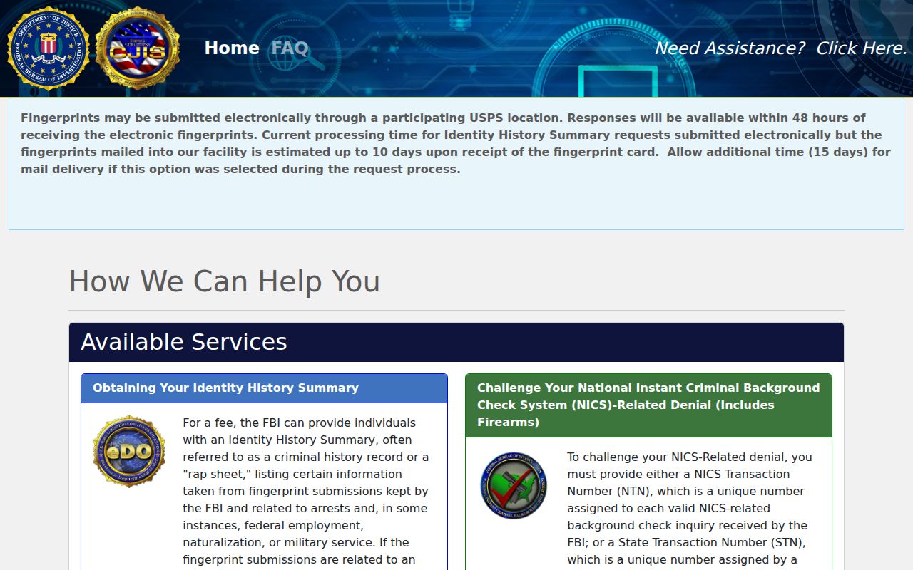FBI portal for reviewing a personal Gibson County criminal history record